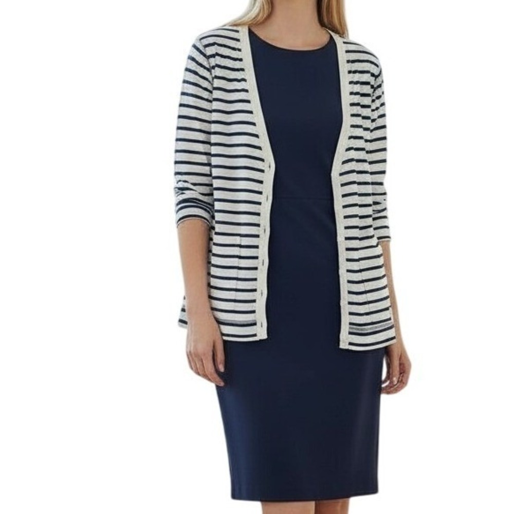 Michael Stars Navy White Stripe Long Sleeve Cardigan One Size Fits Most $198